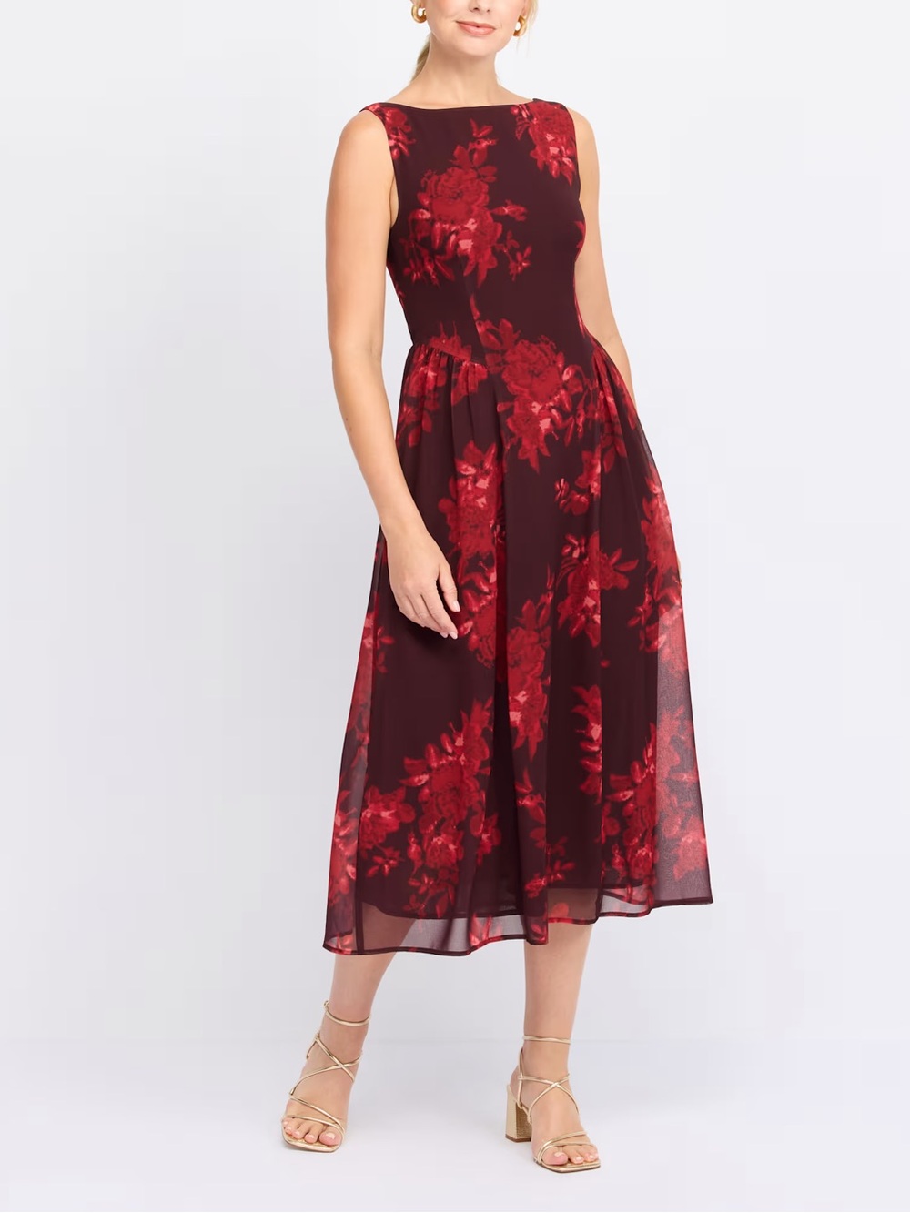 Few Moda Sleeveless Burgundy Crimson Floral Midi Dress